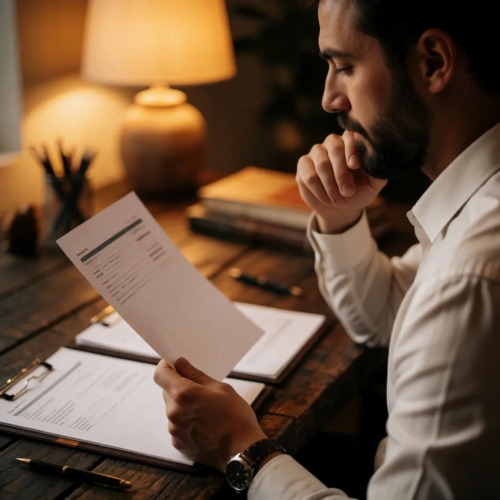 Finansal belgeleri inceleyen bir kişi, amber yan ışıkla