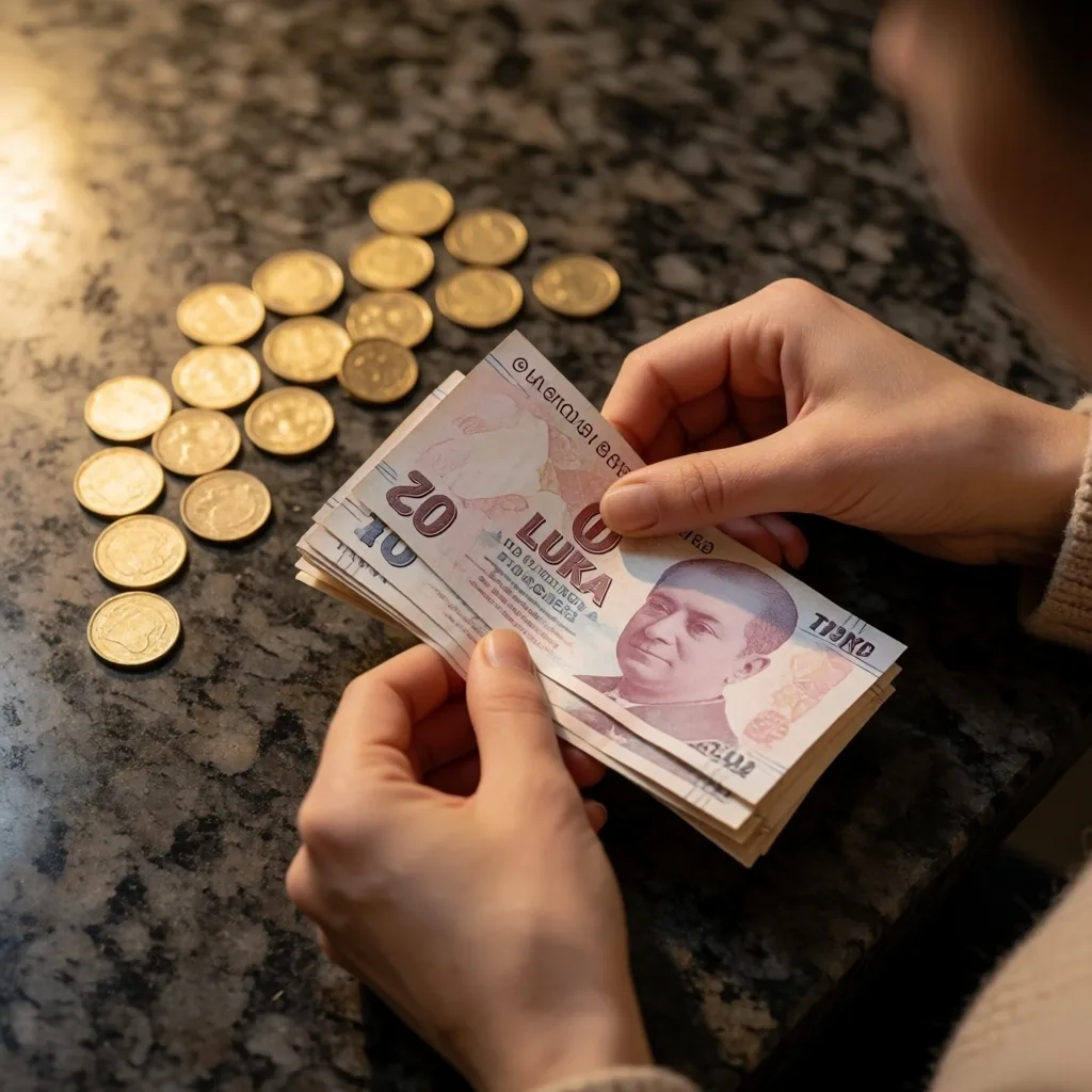 Altın ve banknotların taş yüzeyde sayılması