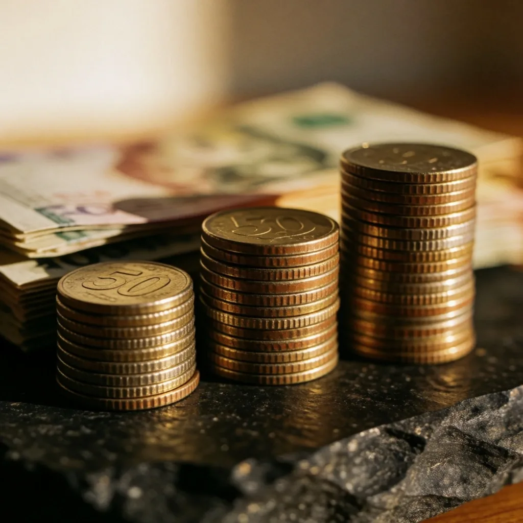 Amber ışıkta taş yüzeyde dizilmiş bozuk paralar ve banknotlar